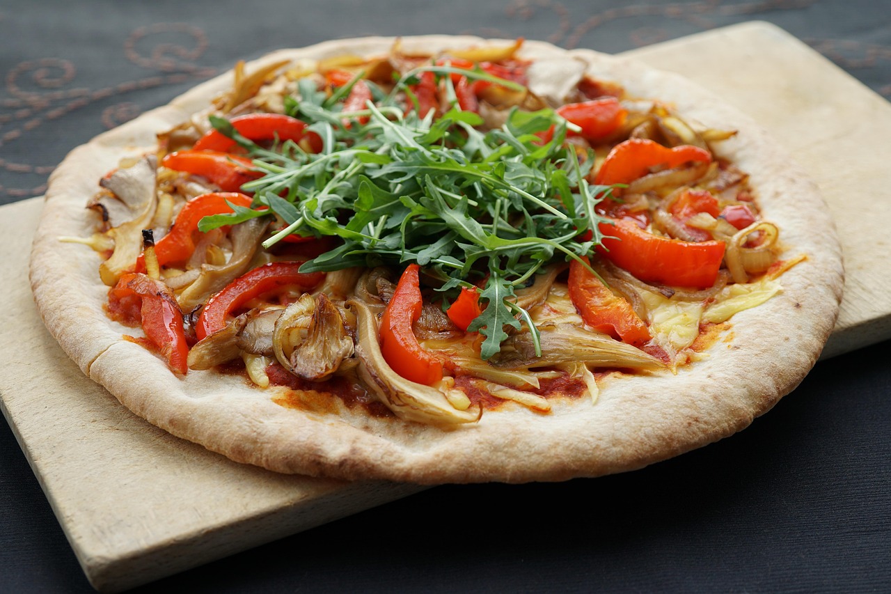 pizza, vegan, oyster mushroom, paprika, arugula, meal, food, snack, fresh, pizza, pizza, pizza, pizza, pizza